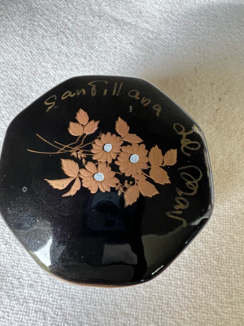 vintage black, hexagonal ceramic trinket box from Spain